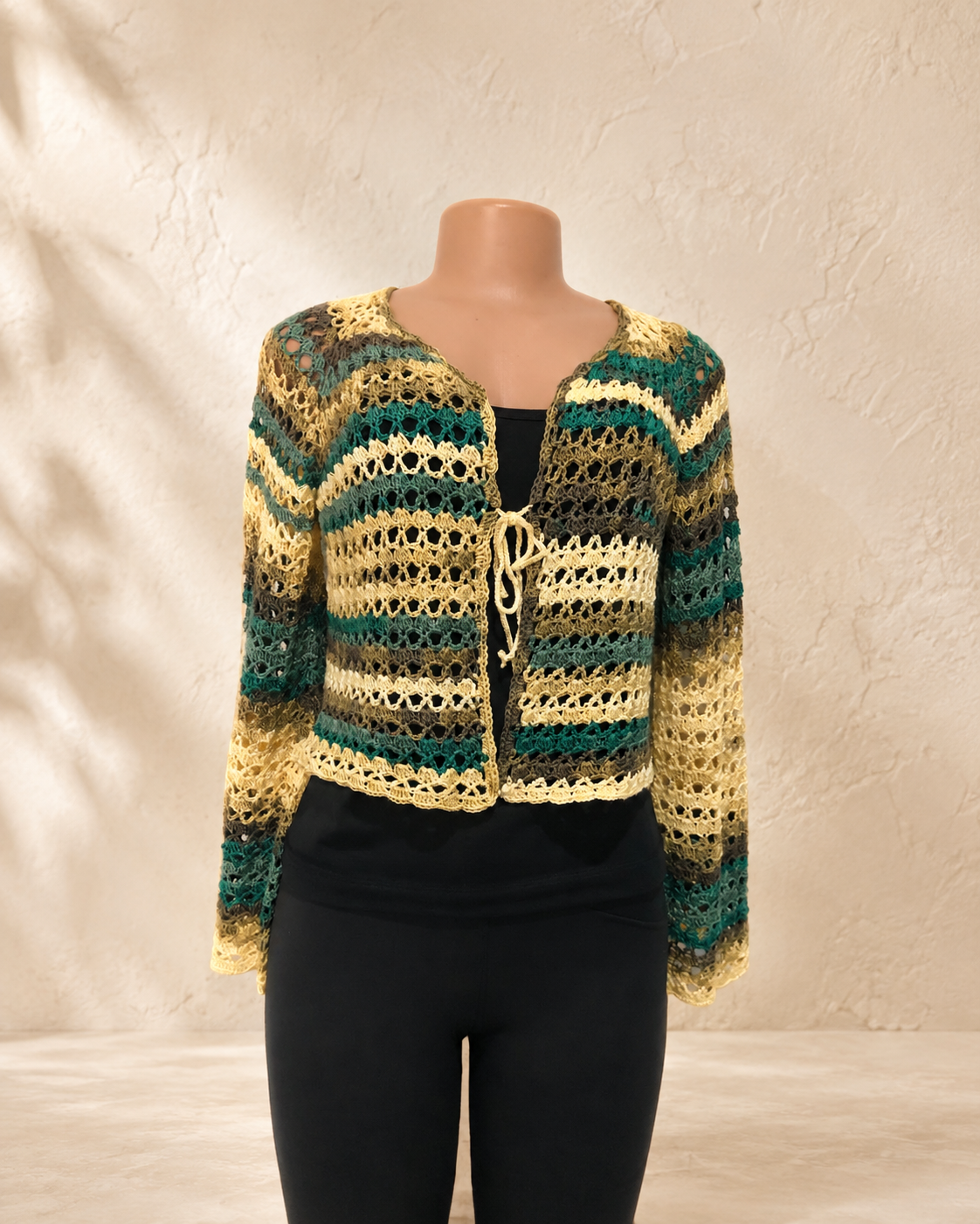 Forest Stripe Tie-Front Crochet Cardigan