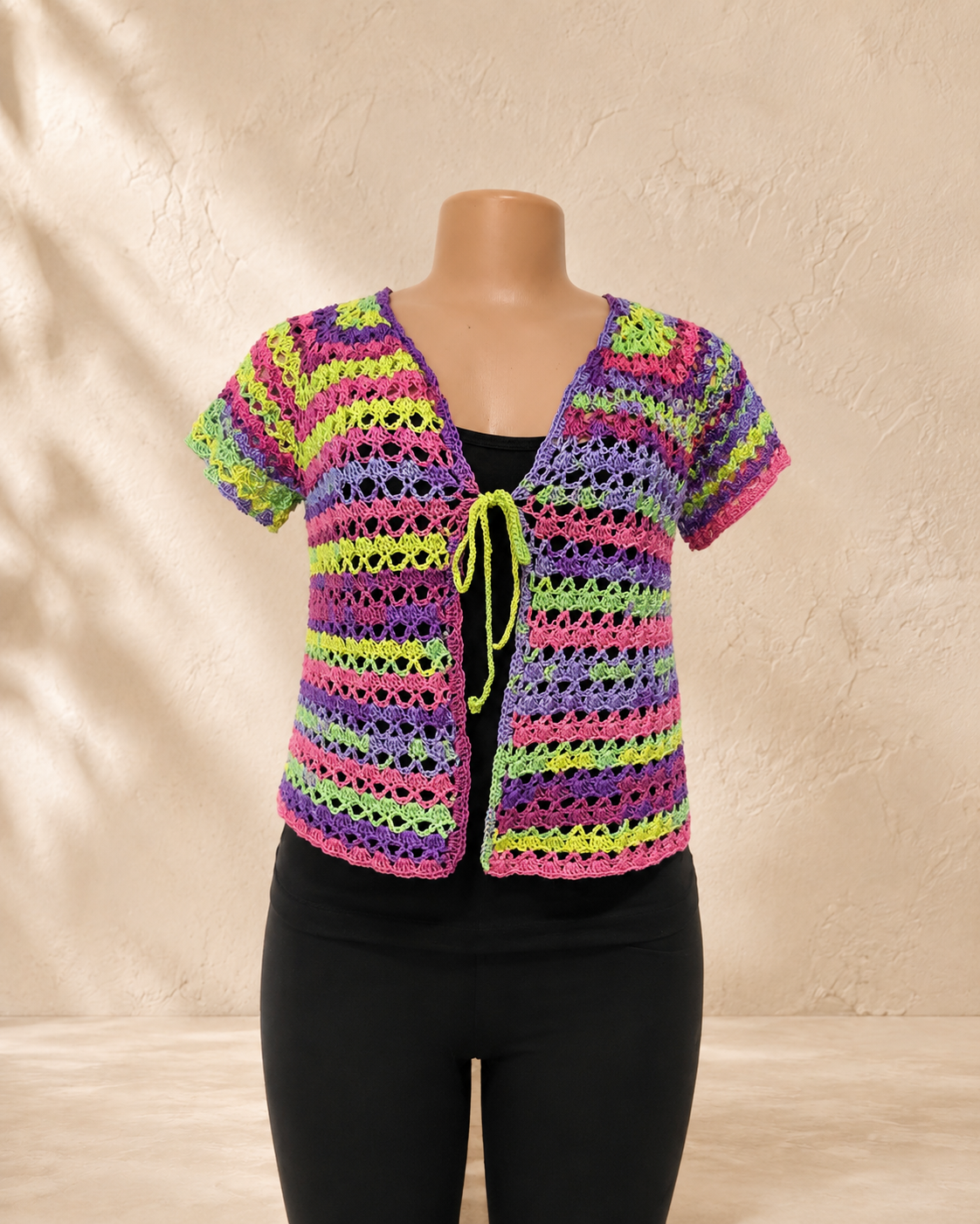 Electric Bloom Tie-Front Crochet Cardigan